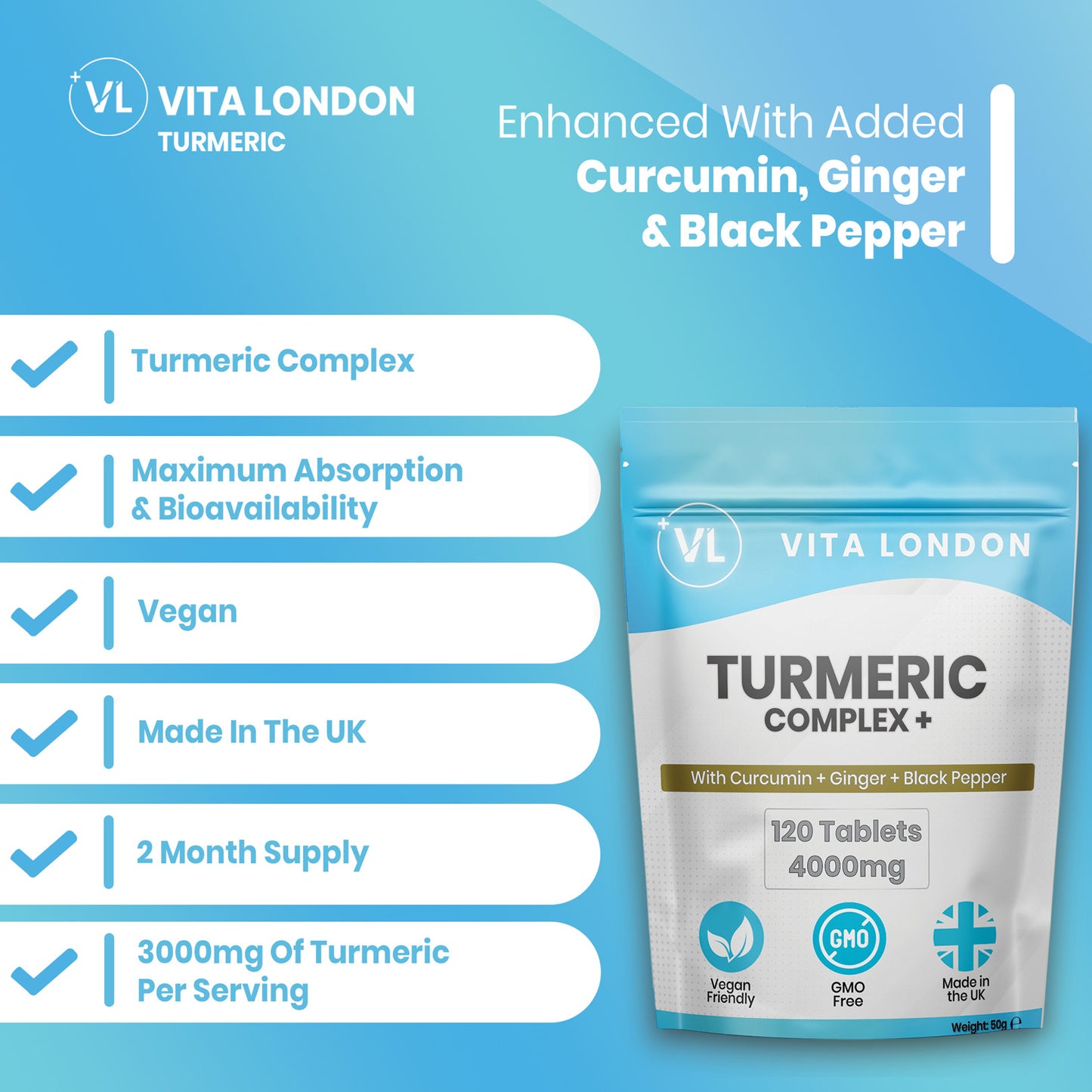 Turmeric, Ginger & Black Pepper Tablets | 4000mg Per Serving | Tablets
