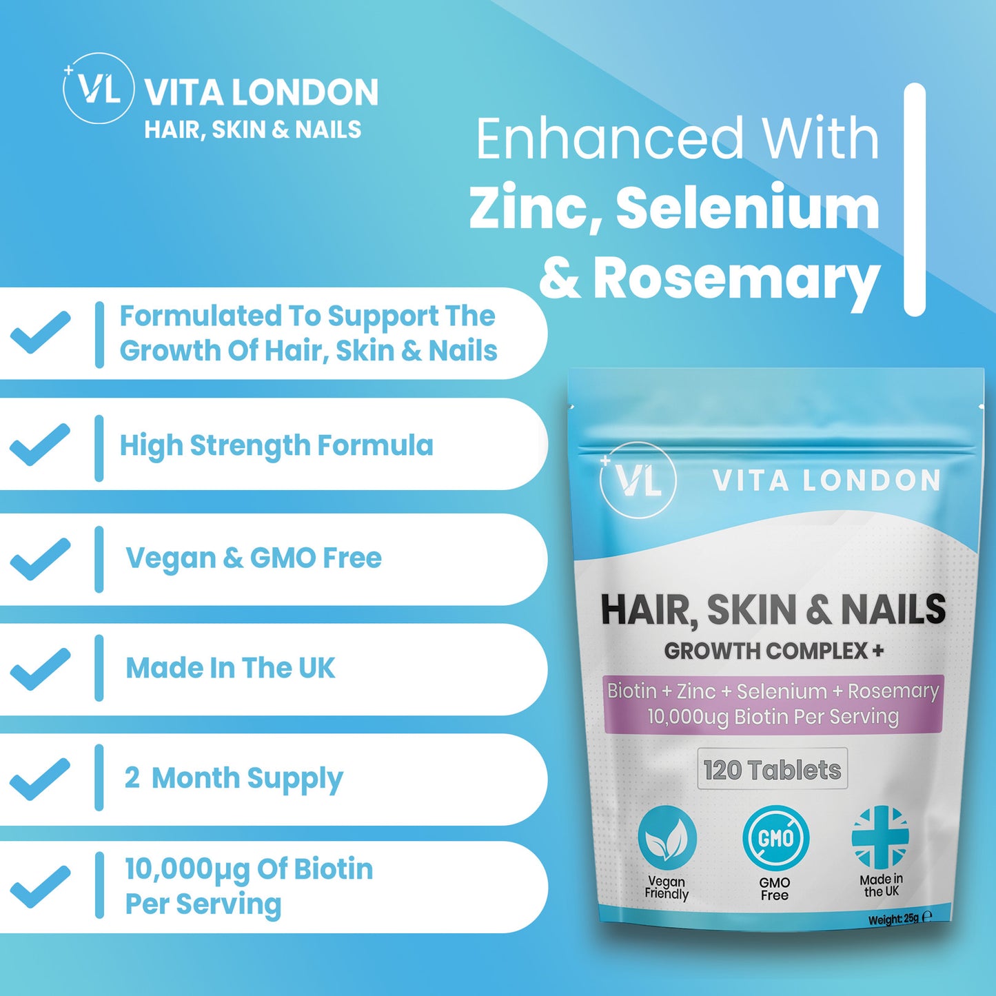 Hair, Skin & Nails | High-Strength Biotin (10,000µg) | Tablets | with Zinc, Selenium & Rosemary Extract