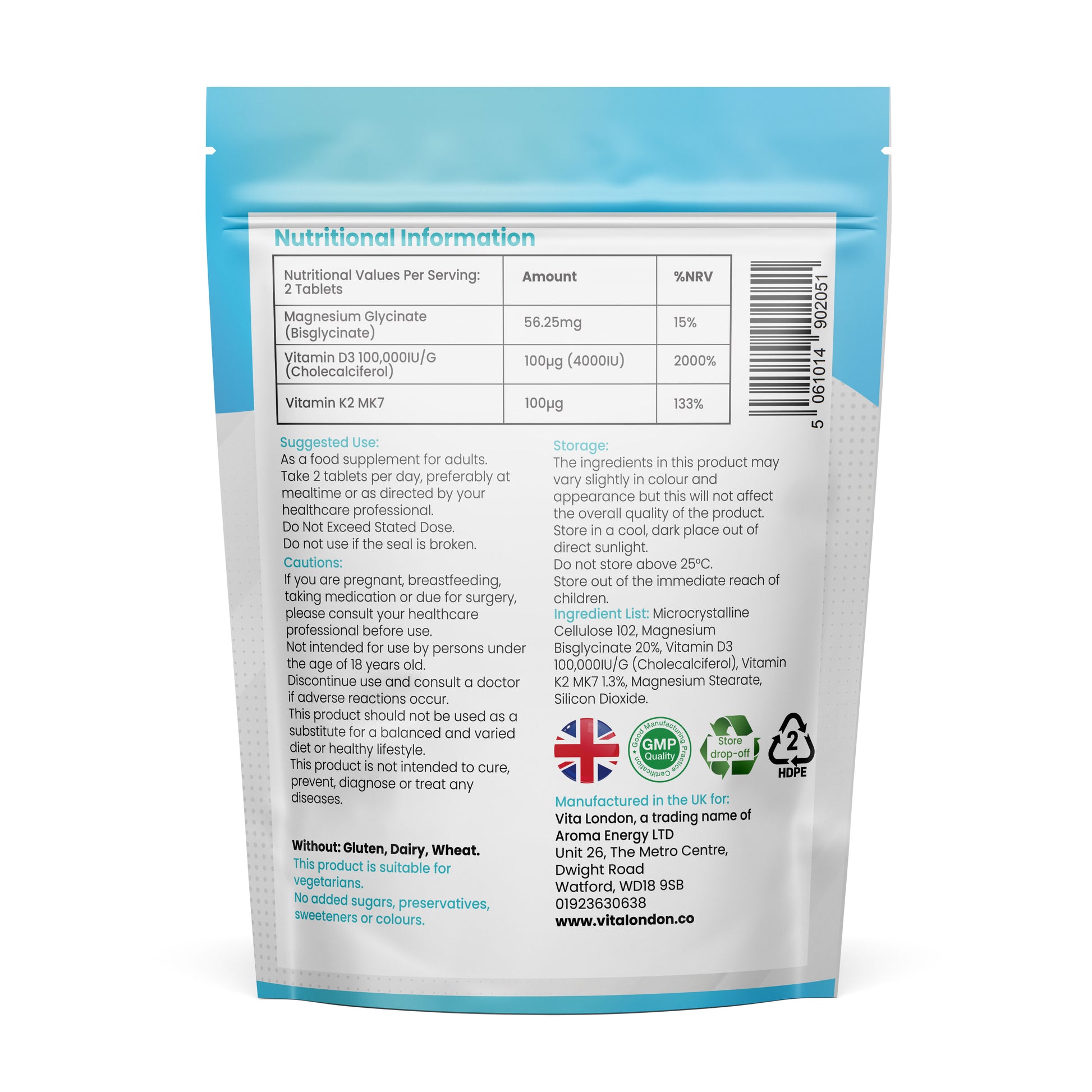 Back of a supplement package with nutritional information and branding details.