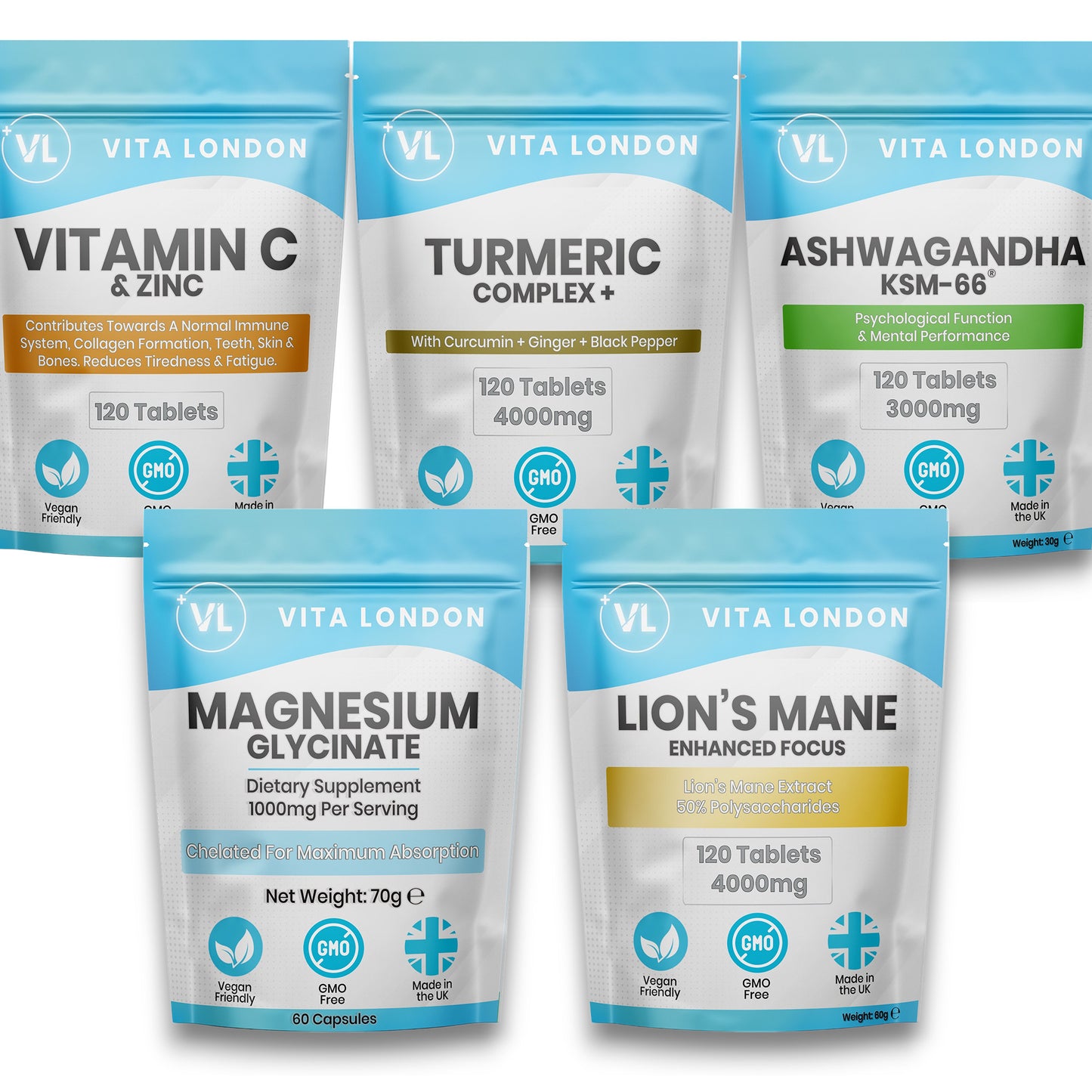 Fab 5 Vitamins Bundle with Turmeric, Ashwagandha, Lion’s Mane, Vitamin C & Magnesium