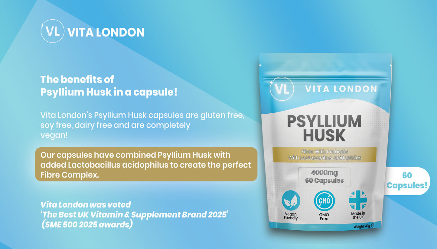 Psyllium Husk Capsules 4000mg with Probiotics - High Fibre Supplement for Gut Health & Regularity, Gluten-Free, Non-GMO, Vegan-Friendly