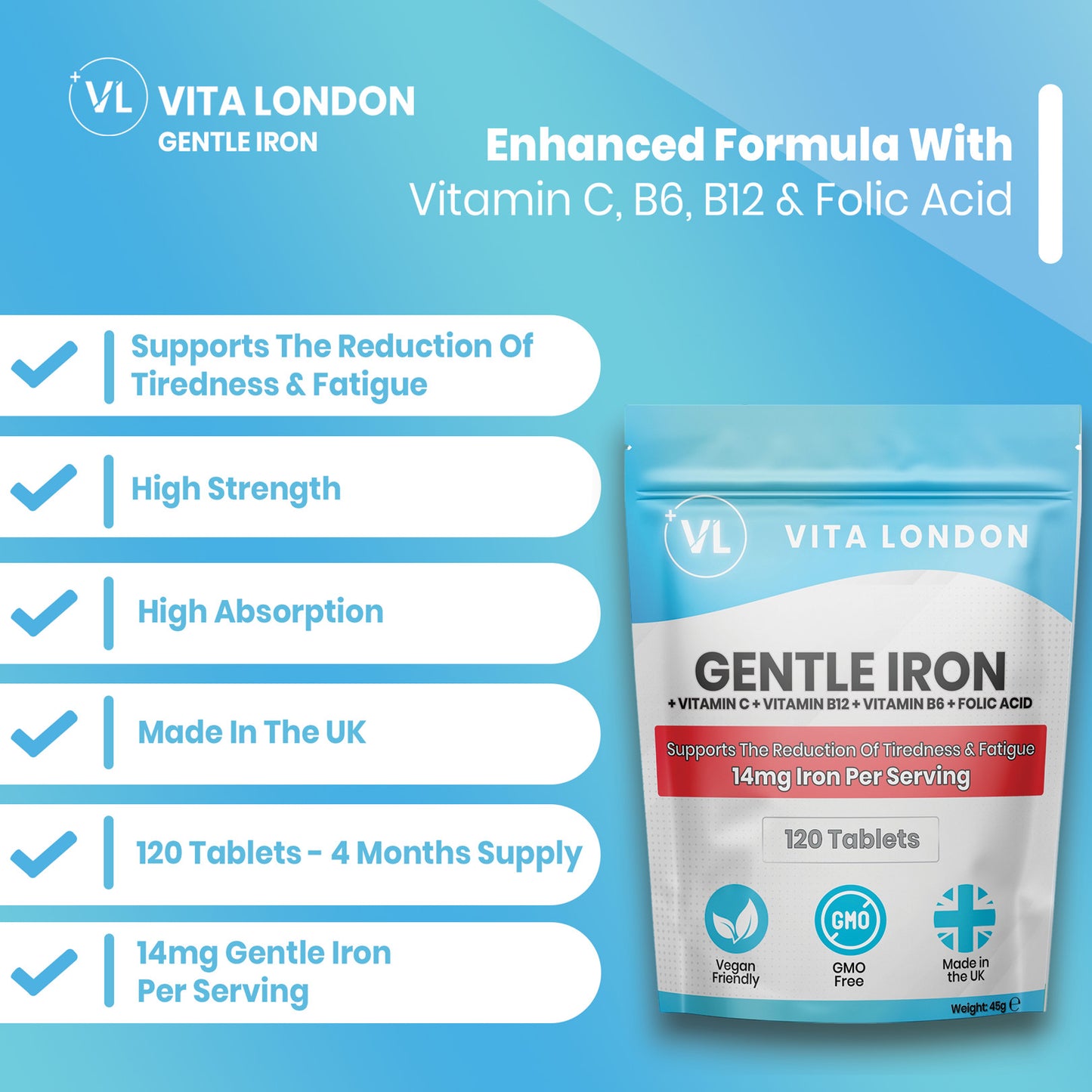 Gentle Iron + Energy Support Tablets | Enhanced Formula with Vitamins C, B6, B12 & Folic Acid