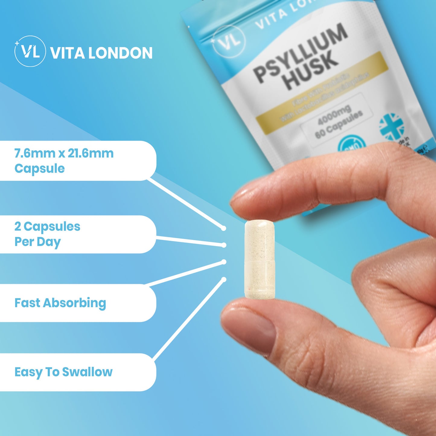 Psyllium Husk Capsules 4000mg with Probiotics - High Fibre Supplement for Gut Health & Regularity, Gluten-Free, Non-GMO, Vegan-Friendly