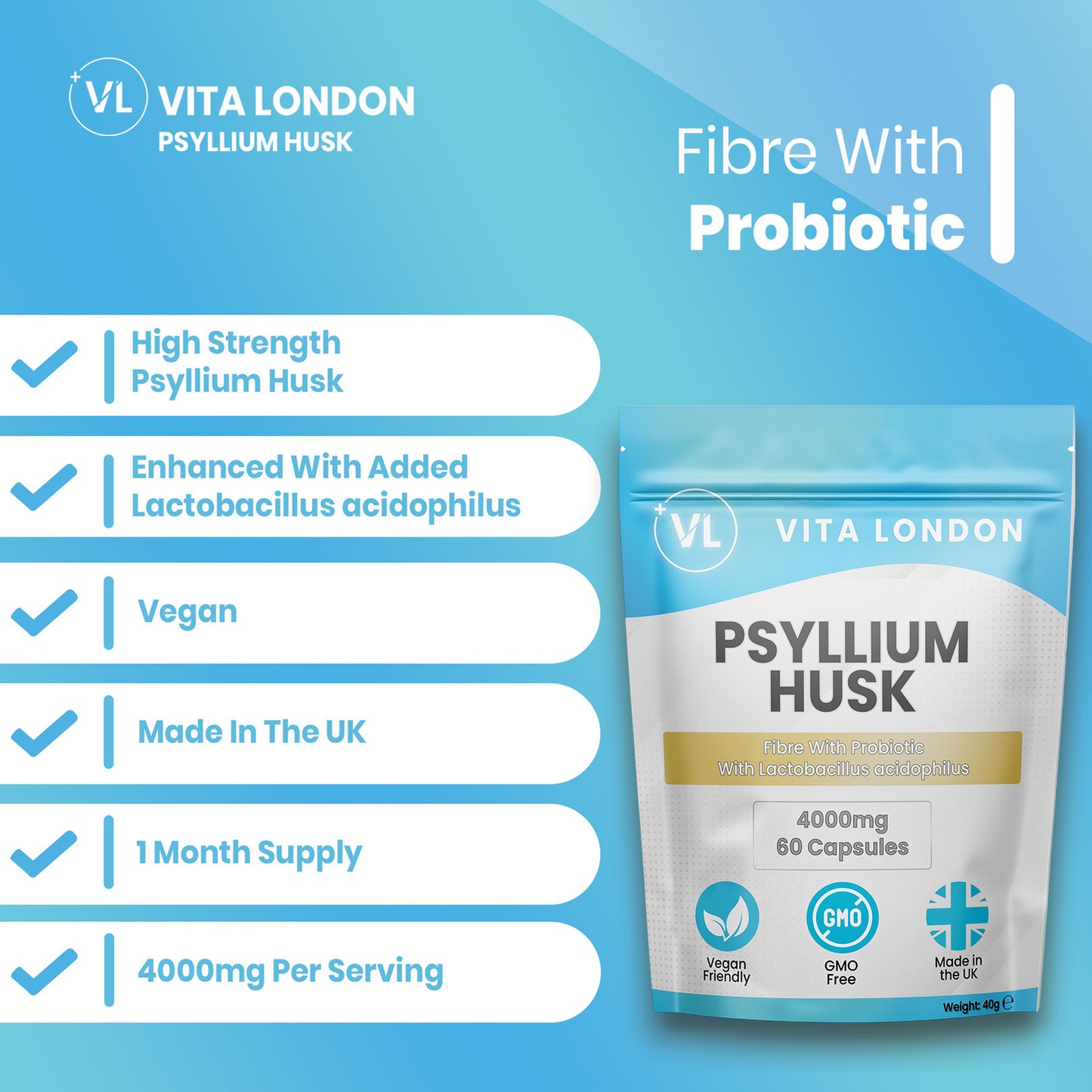Psyllium Husk Capsules 4000mg with Probiotics - High Fibre Supplement for Gut Health & Regularity, Gluten-Free, Non-GMO, Vegan-Friendly