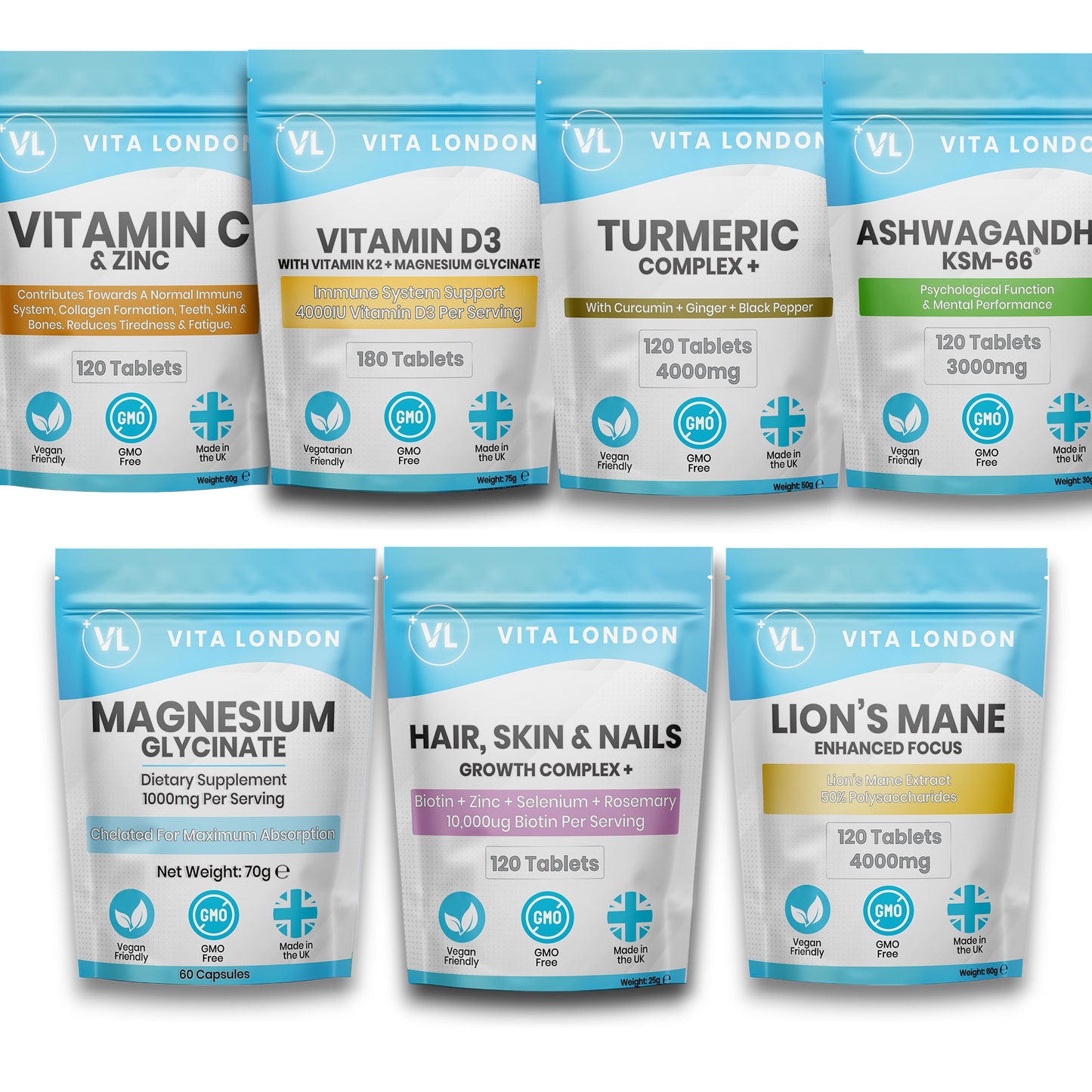 Super 7 Bundle: Comprehensive Wellness with Turmeric, Ashwagandha, Lion’s Mane, Magnesium, Biotin, Vitamin C & Vitamin D3