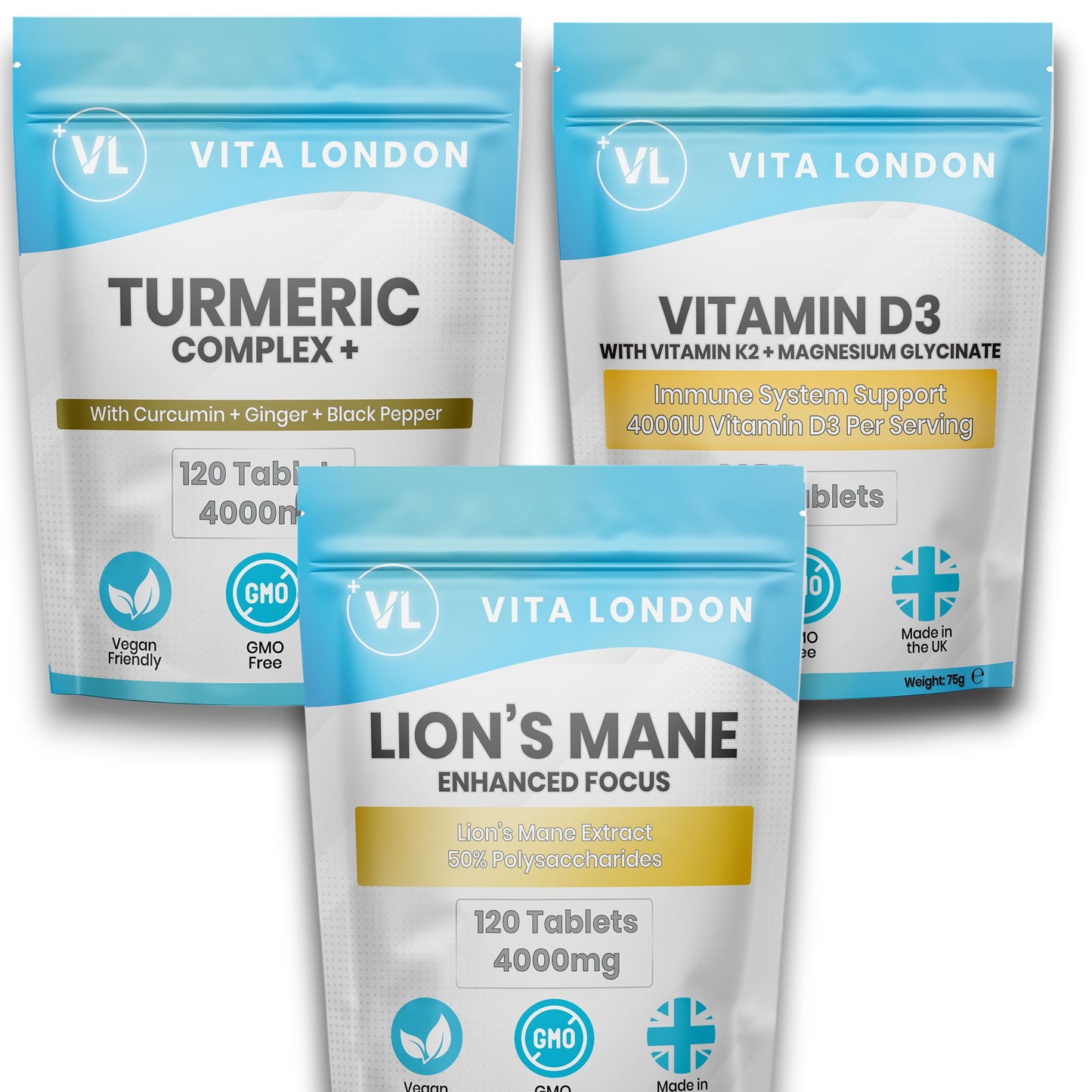 Autumn Bundle – Essential Vitamins for Immunity, Bone Health & Focus: D3 + K2 + Magnesium Glycinate, Lion’s Mane, Turmeric & Ginger Tablets