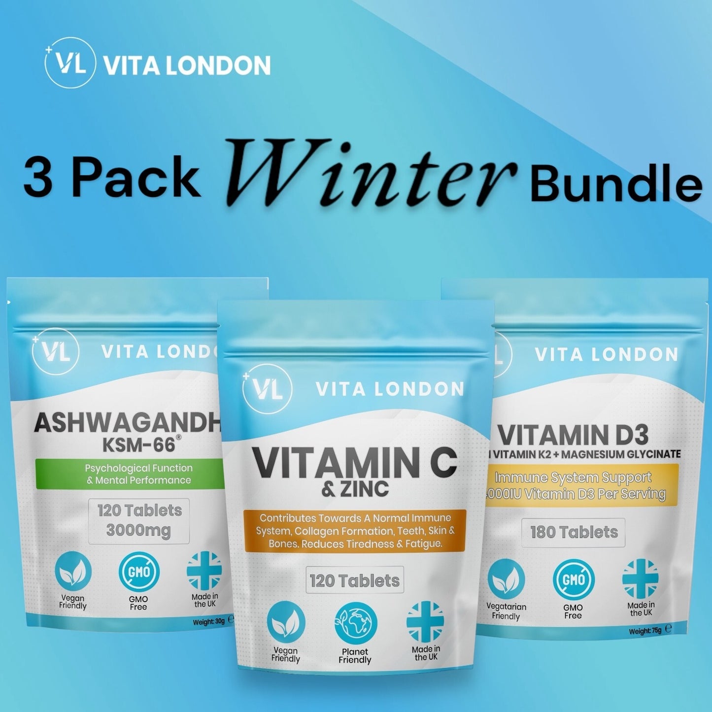 Winter Wellness Vitamin Bundle: Vitamin C & Zinc • Vitamin D3 + K2 + Magnesium Glycinate • Ashwagandha (3-Pack)