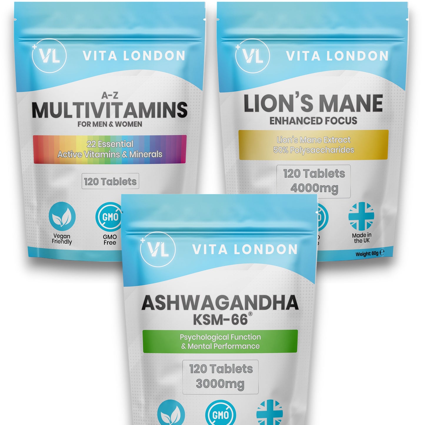 Work Vitamins Bundle with Lion’s Mane, Multivitamins, and Ashwagandha for Mental Clarity and Stress Relief
