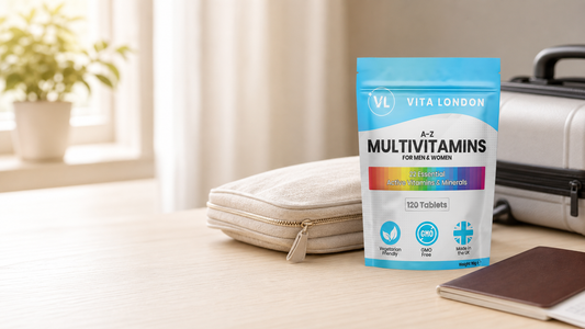 Vita London A-Z Multivitamins Tablets packed beside a travel pouch