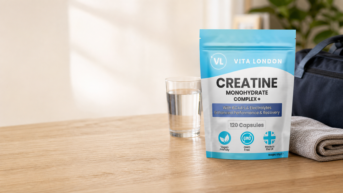 Vita London Creatine Monohydrate Complex + pouch, 120 capsules, on a sunlit wooden table beside a glass of water, a gym bag and a folded towel