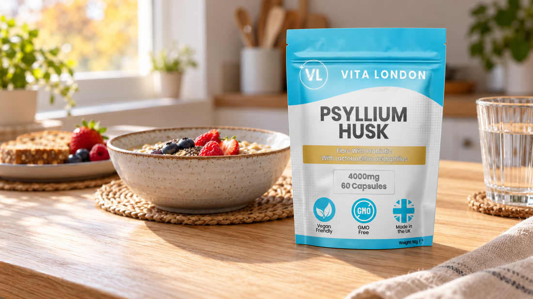 Vita London Psyllium Husk pouch beside porridge, berries, wholemeal toast and a glass of water