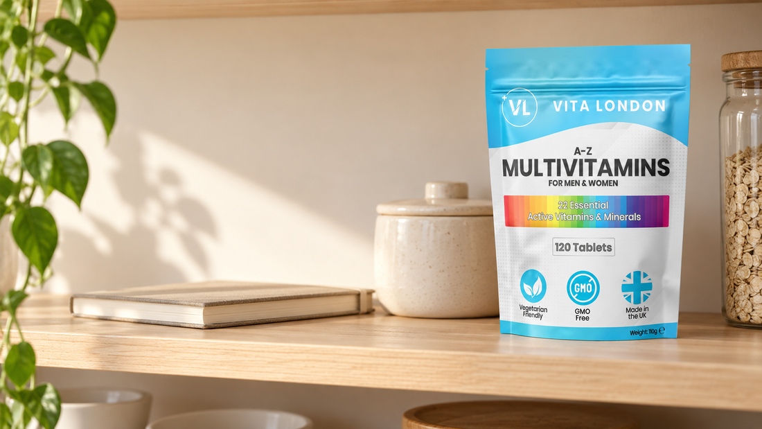 Vita London A-Z Multivitamins Tablets pouch on a wooden cupboard shelf