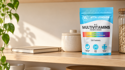 Vita London A-Z Multivitamins Tablets pouch on a wooden cupboard shelf