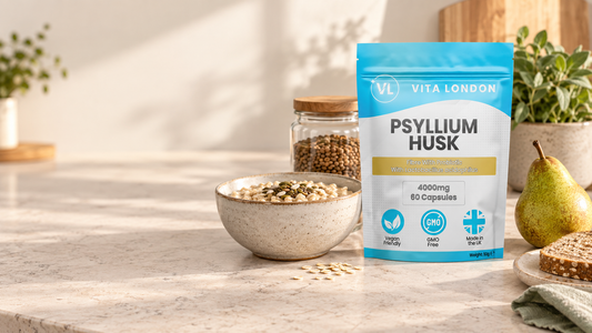Vita London Psyllium Husk pouch beside oats, lentils and a pear