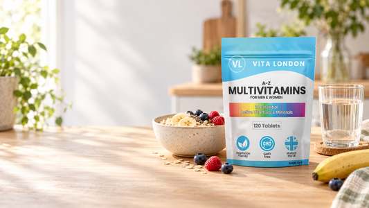 Vita London A-Z Multivitamins Tablets beside simple weekday food