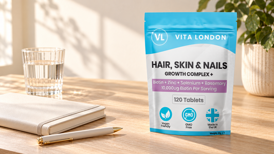 Vita London Hair, Skin and Nails pouch beside a notebook on a calm home desk