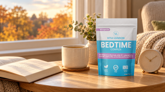 A Vita London Bedtime Complex pouch on a side table by a window in warm late-afternoon autumn light, beside a mug of tea, an open book and a small clock