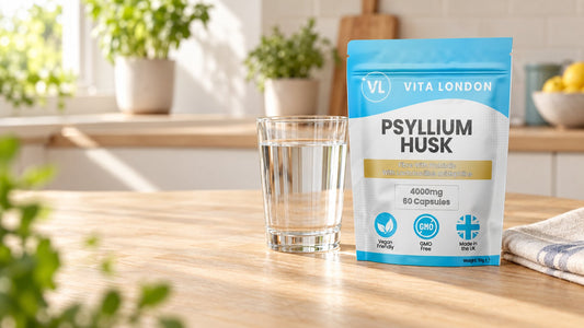 Vita London Psyllium Husk Capsules pouch beside a glass of water on a sunny kitchen counter