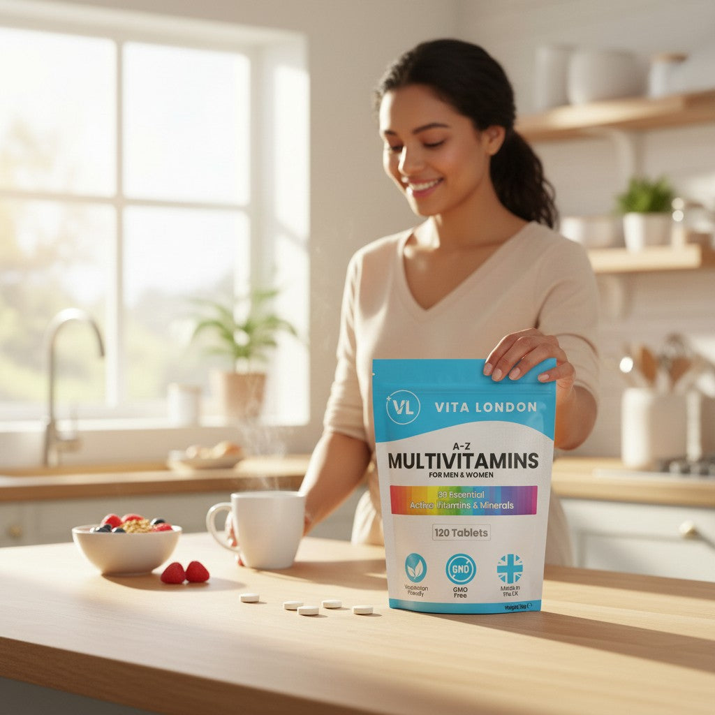 Vita London A-Z Multivitamins on a breakfast counter