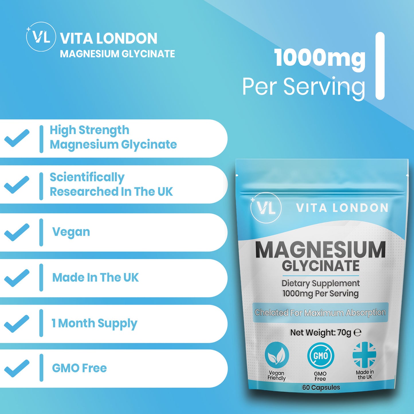 Magnesium Glycinate Capsules | 1000mg Per Serving