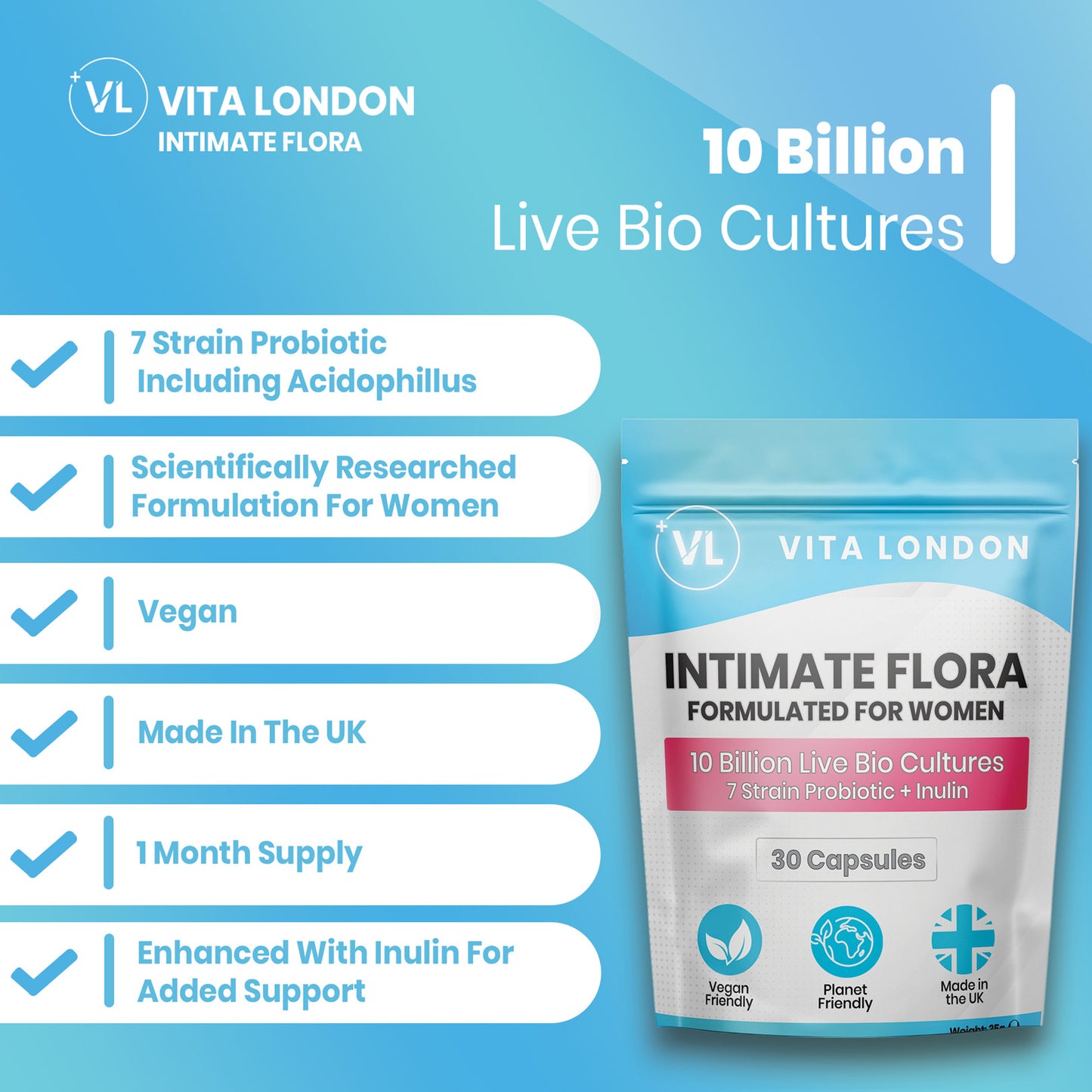 Intimate Flora Probiotics for Women Capsules | 10 Billion Live Bio Cultures | 7 Strain Probiotic + Inulin