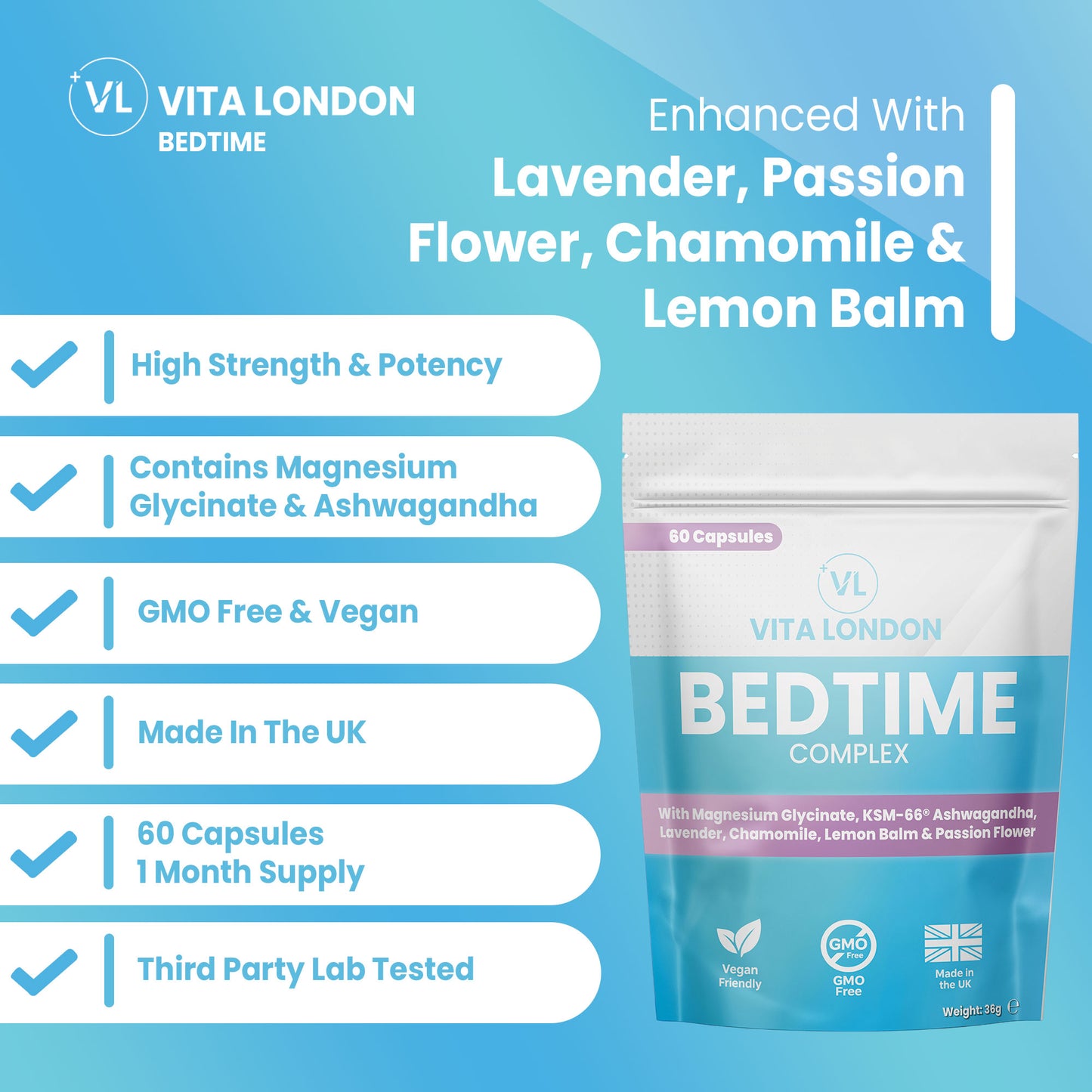 Vita London Bedtime Complex supplement ingredients and serving information image