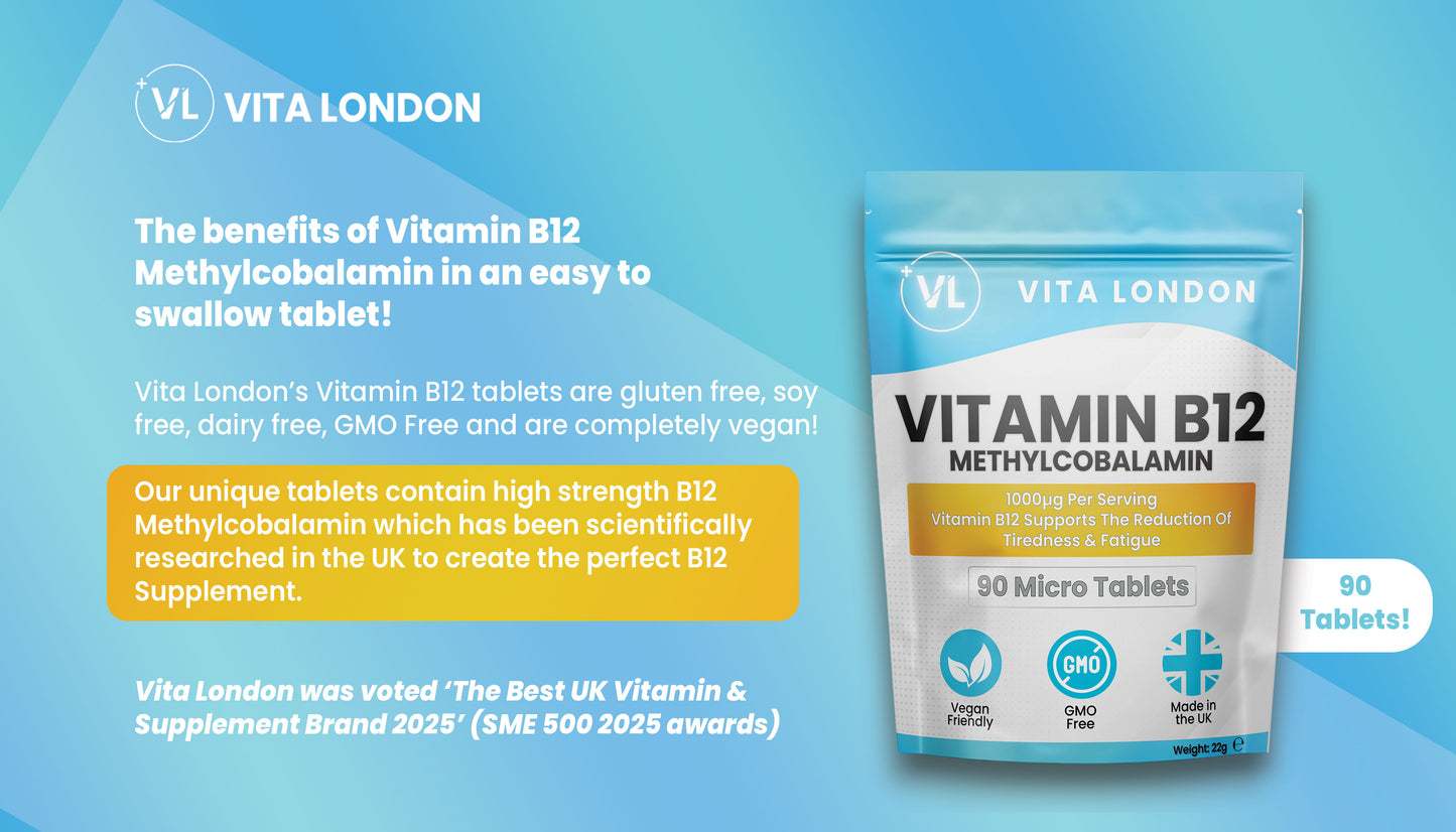 Vita London Vitamin B12 Methylcobalamin 1000µg Tablets product benefits graphic