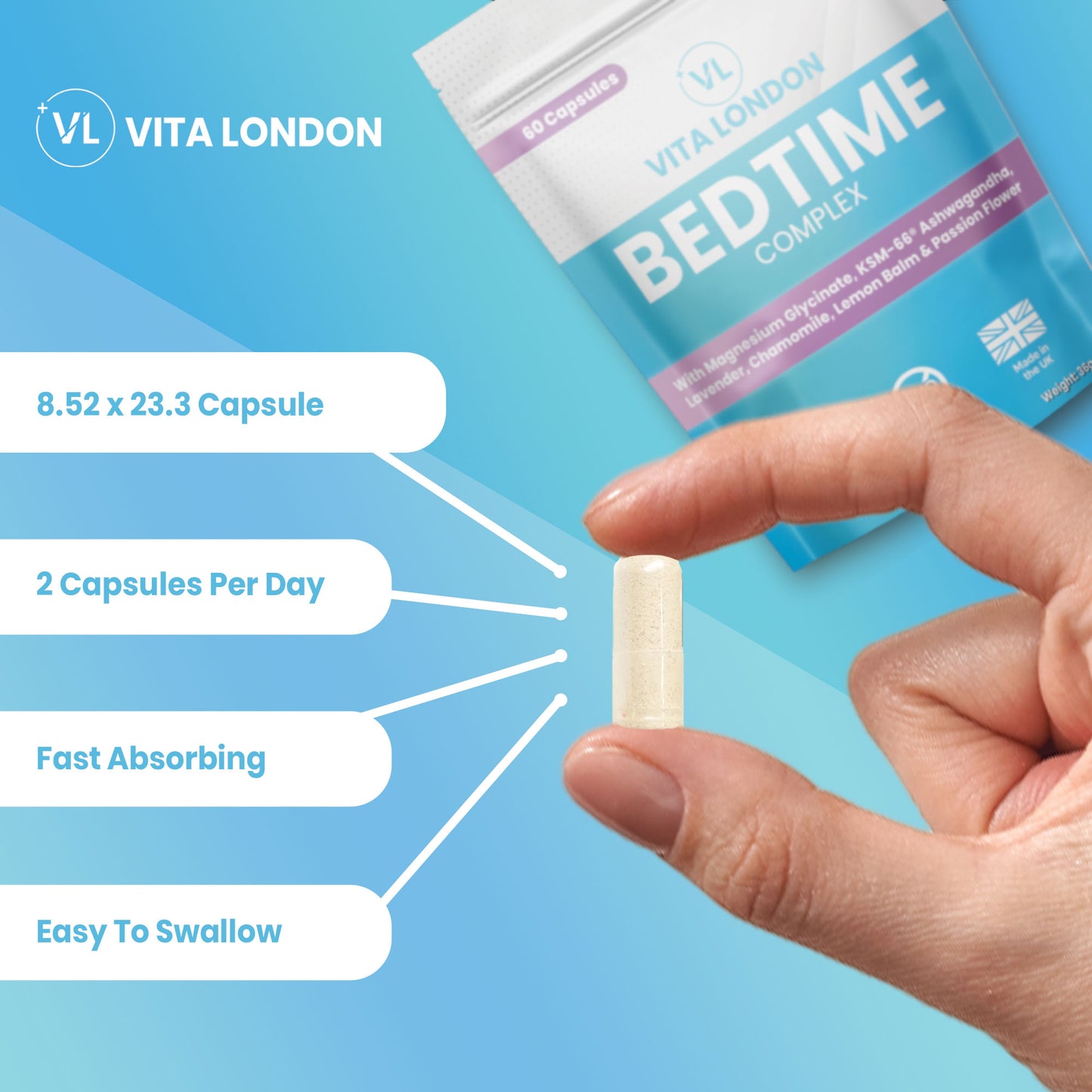 Vita London Bedtime Complex supplement product benefits graphic