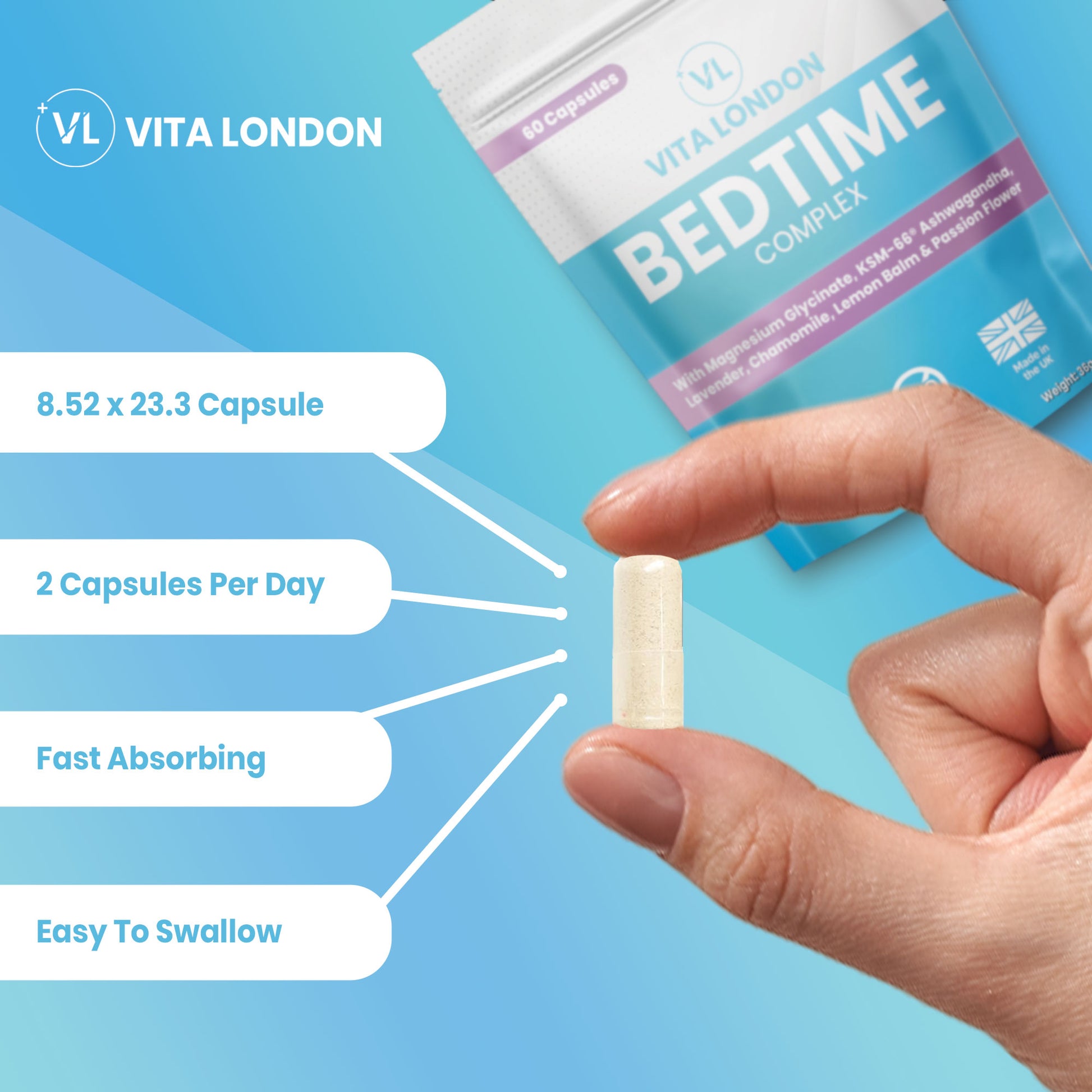 Vita London Bedtime Complex supplement product benefits graphic