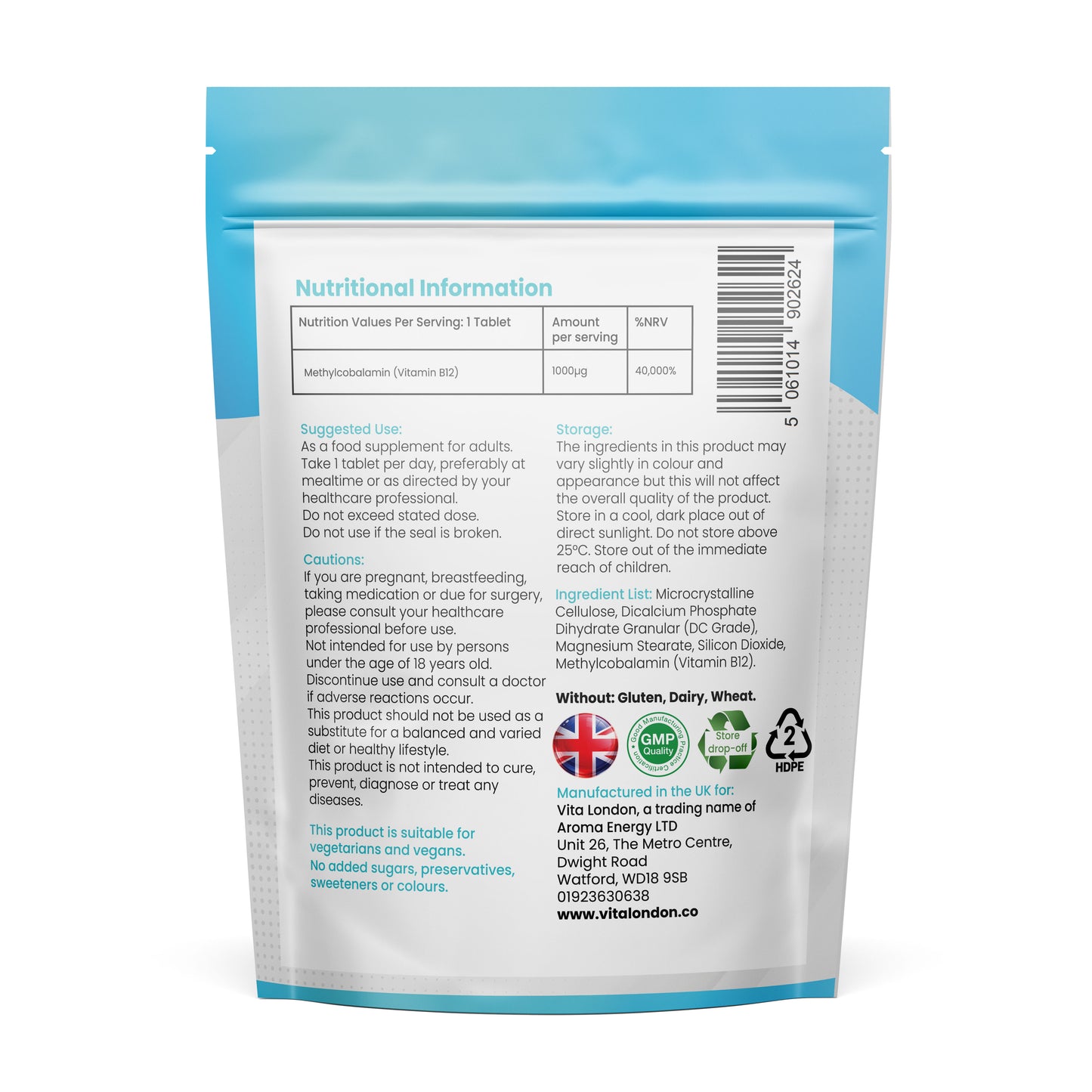 Vita London Vitamin B12 Methylcobalamin 1000µg Tablets supplement information image
