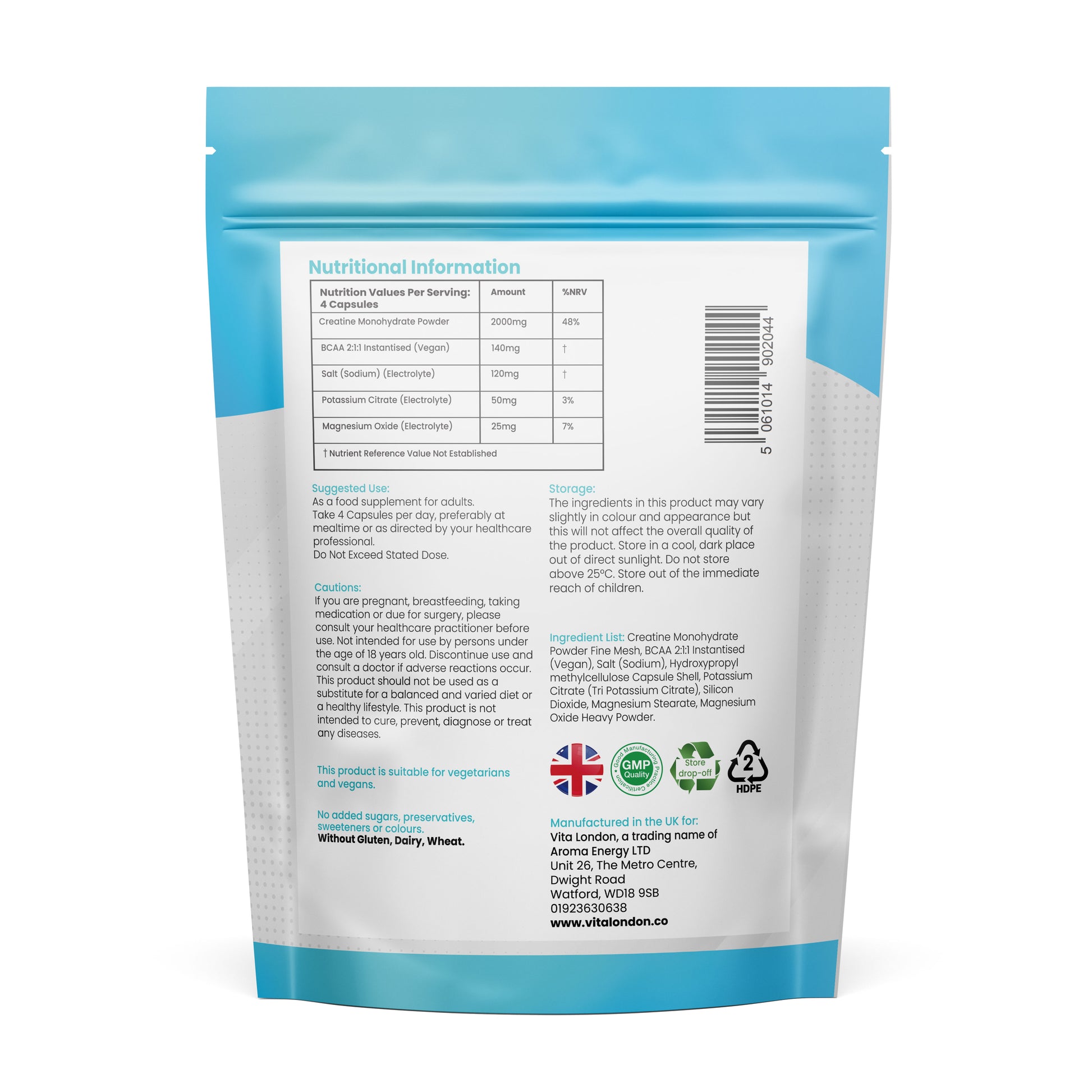 Vita London Creatine Complex Capsules 2000mg supplement information image
