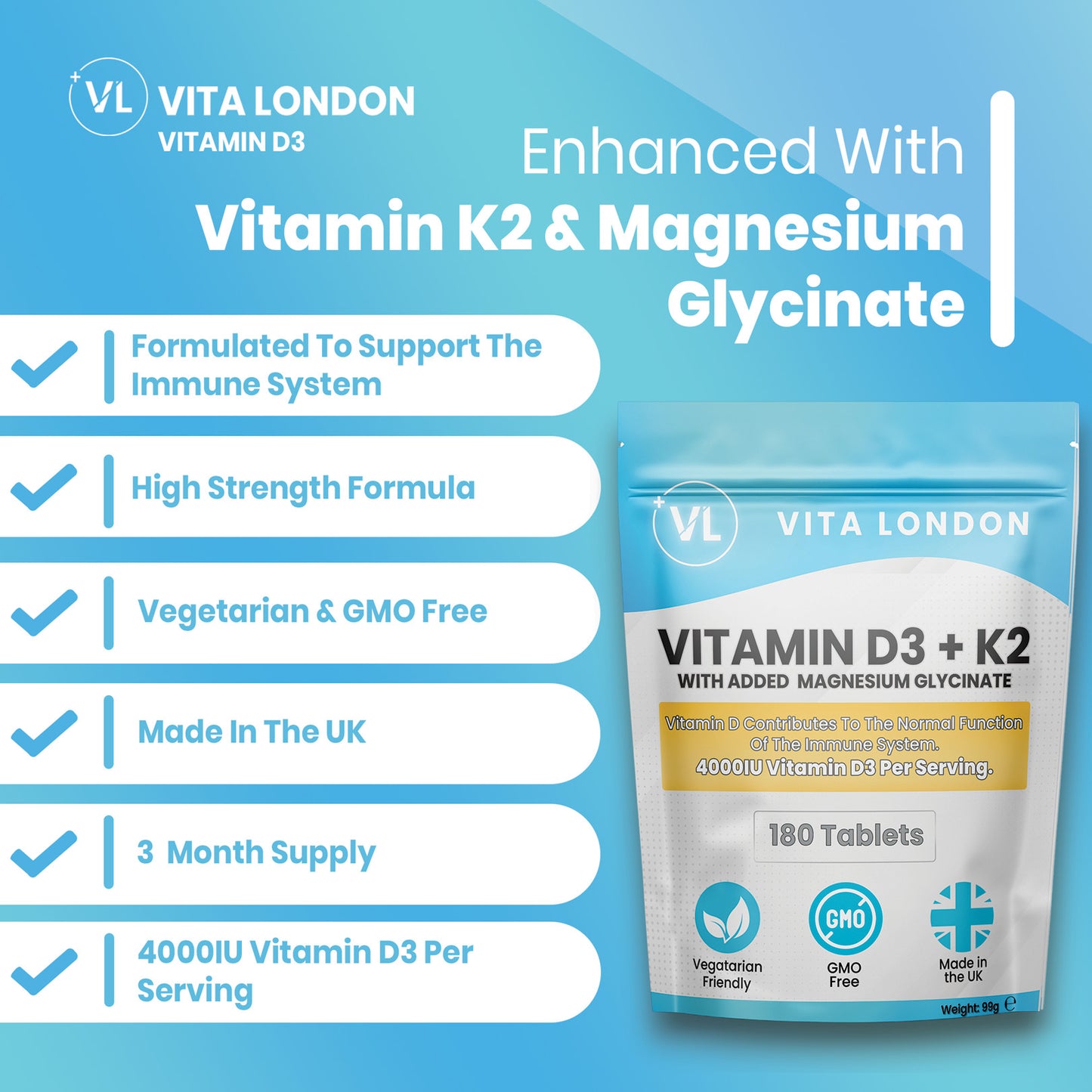 Vitamin D3, K2 & Magnesium Glycinate | 4000IU Per Serving
