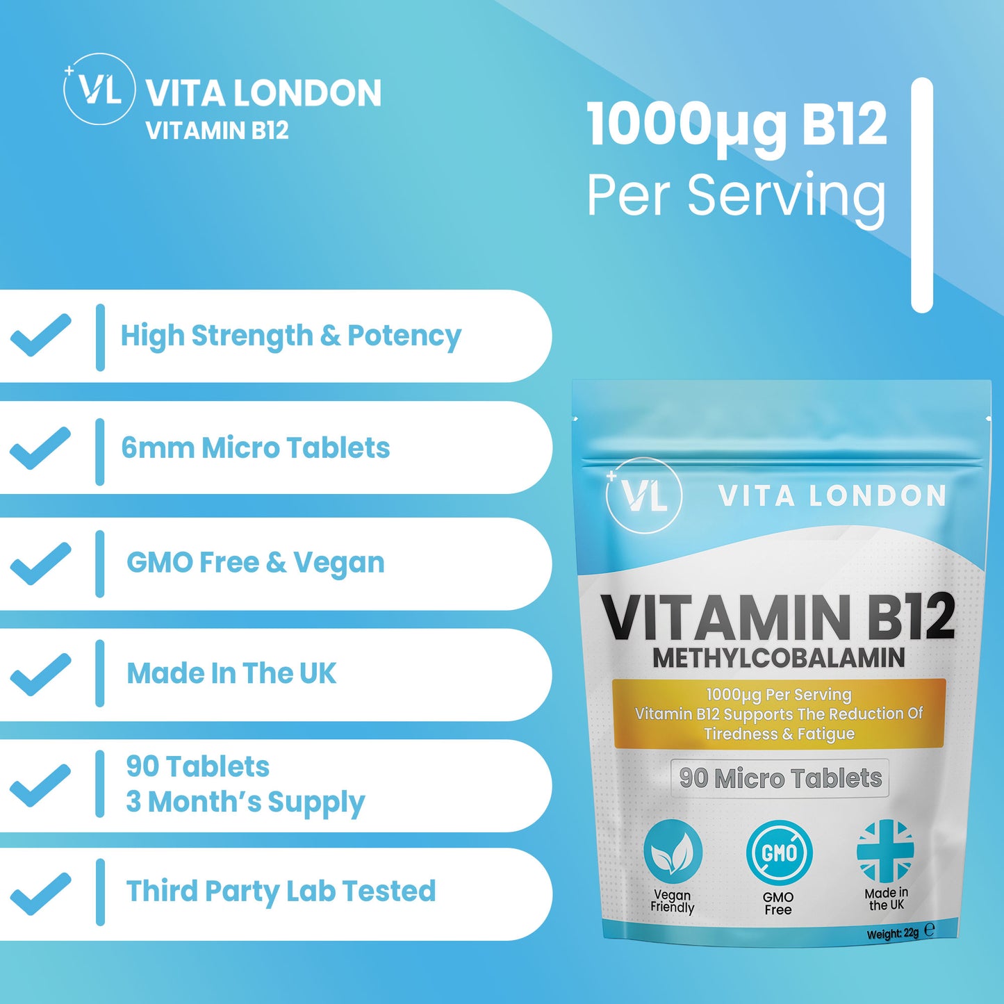 Vita London Vitamin B12 Methylcobalamin 1000µg Tablets key product details image