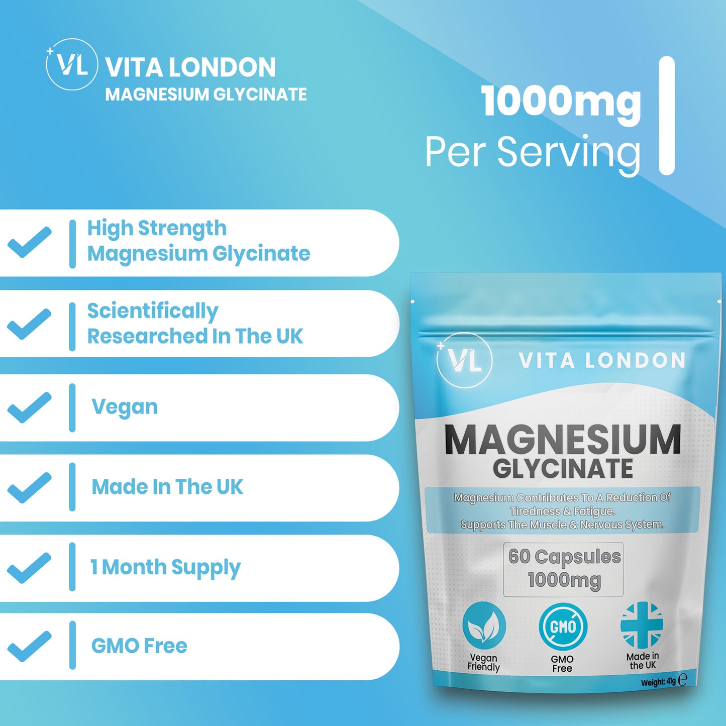 Vita London Magnesium Glycinate Capsules 1000mg key product details image