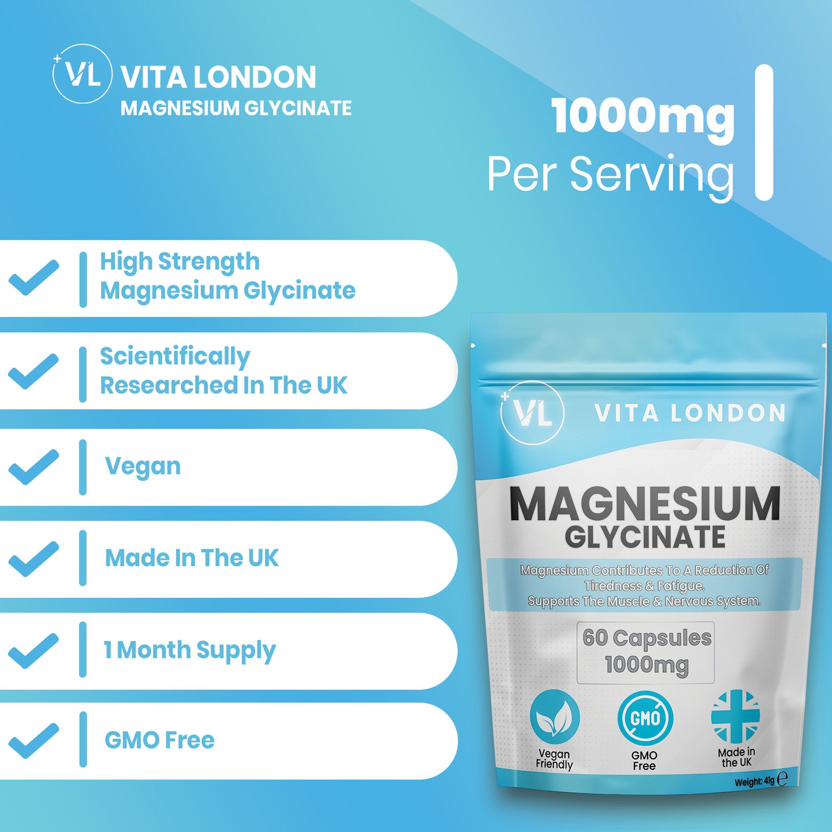Vita London Magnesium Glycinate Capsules 1000mg key product details image