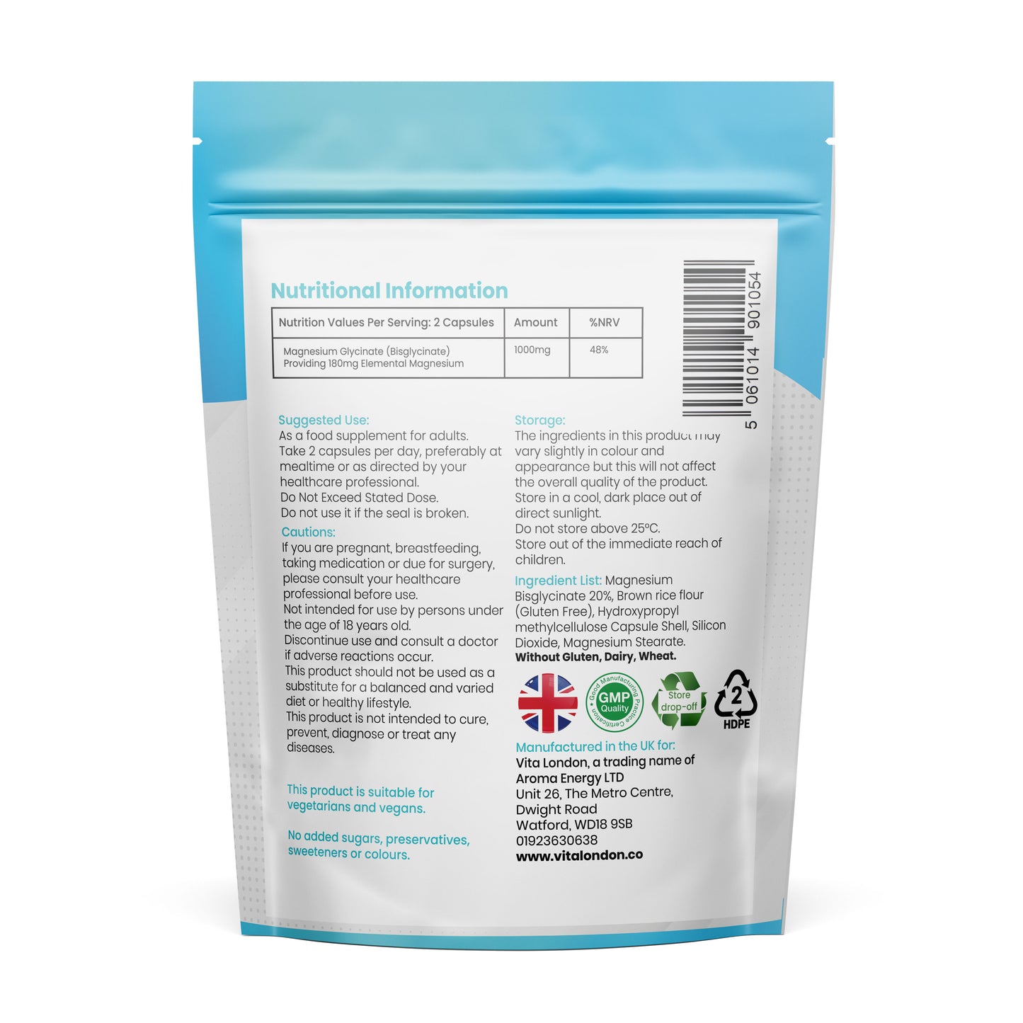 Vita London Magnesium Glycinate Capsules 1000mg supplement information image