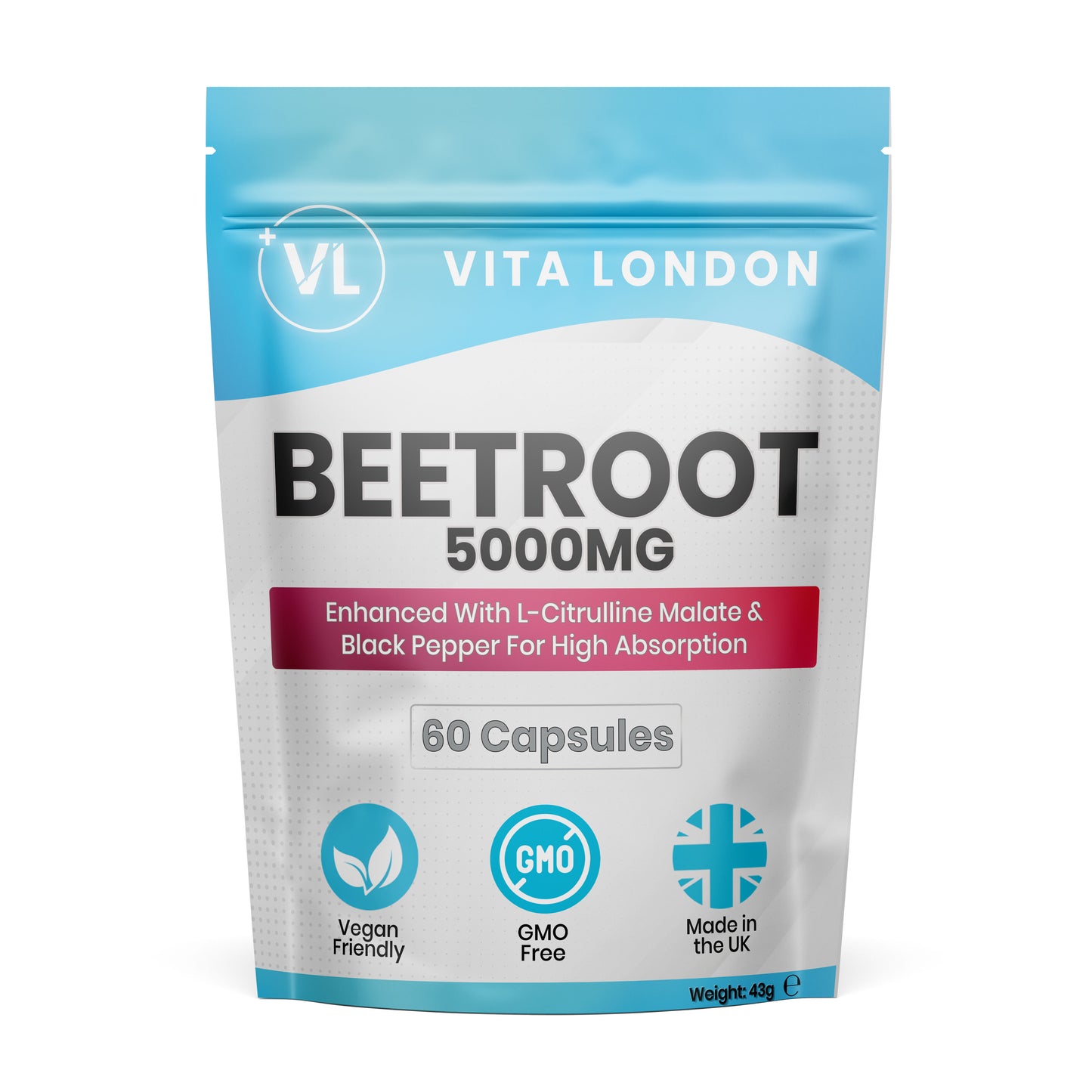 Beetroot 5000mg Capsules (with L-Citrulline Malate + Black Pepper) – 60 Vegan Capsules