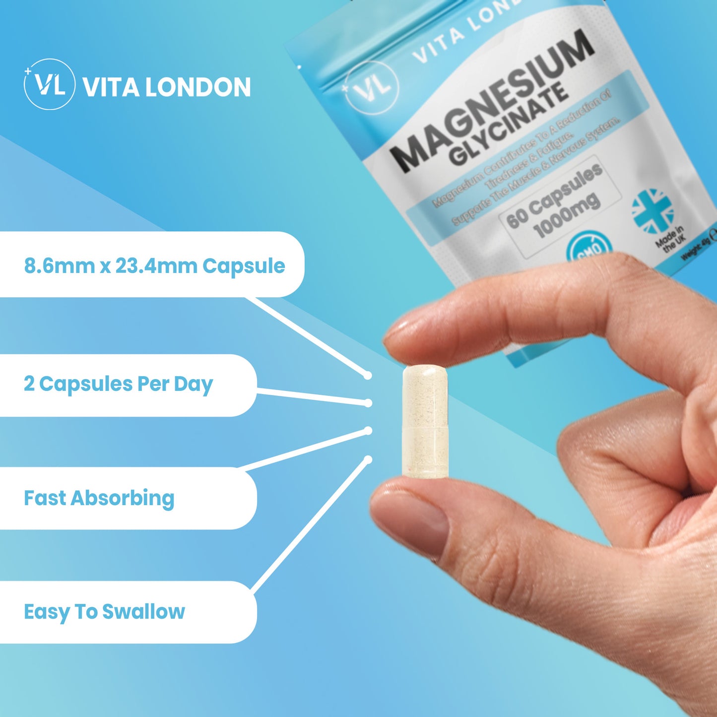 Vita London Magnesium Glycinate Capsules 1000mg ingredients and serving information image