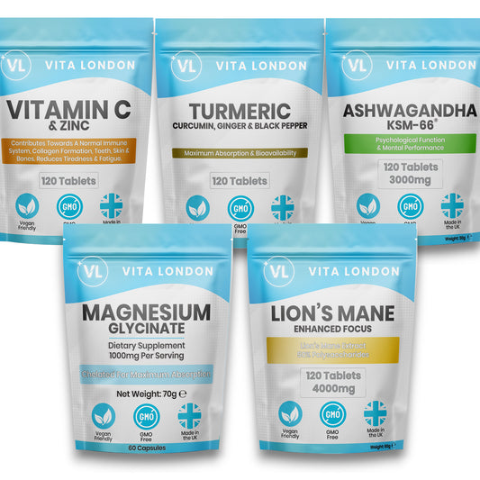 Fab 5 Vitamins  Bundle with Turmeric, Ashwagandha, Lion’s Mane, Vitamin C & Magnesium