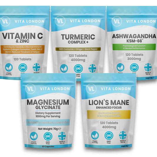 Fab 5 Vitamins  Bundle with Turmeric, Ashwagandha, Lion’s Mane, Vitamin C & Magnesium