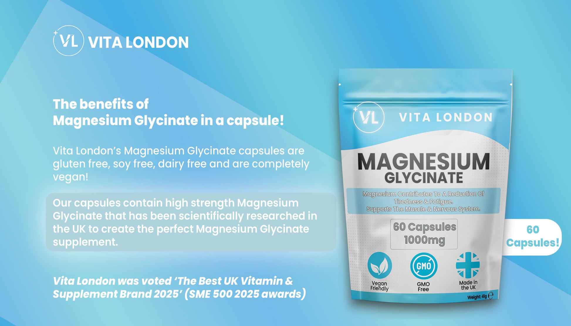 Vita London Magnesium Glycinate Capsules 1000mg quality and packaging image