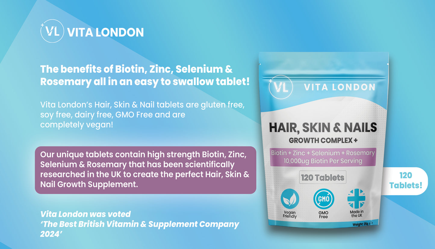 Hair, Skin & Nails | High-Strength Biotin (10,000µg) | Tablets | with Zinc, Selenium & Rosemary Extract