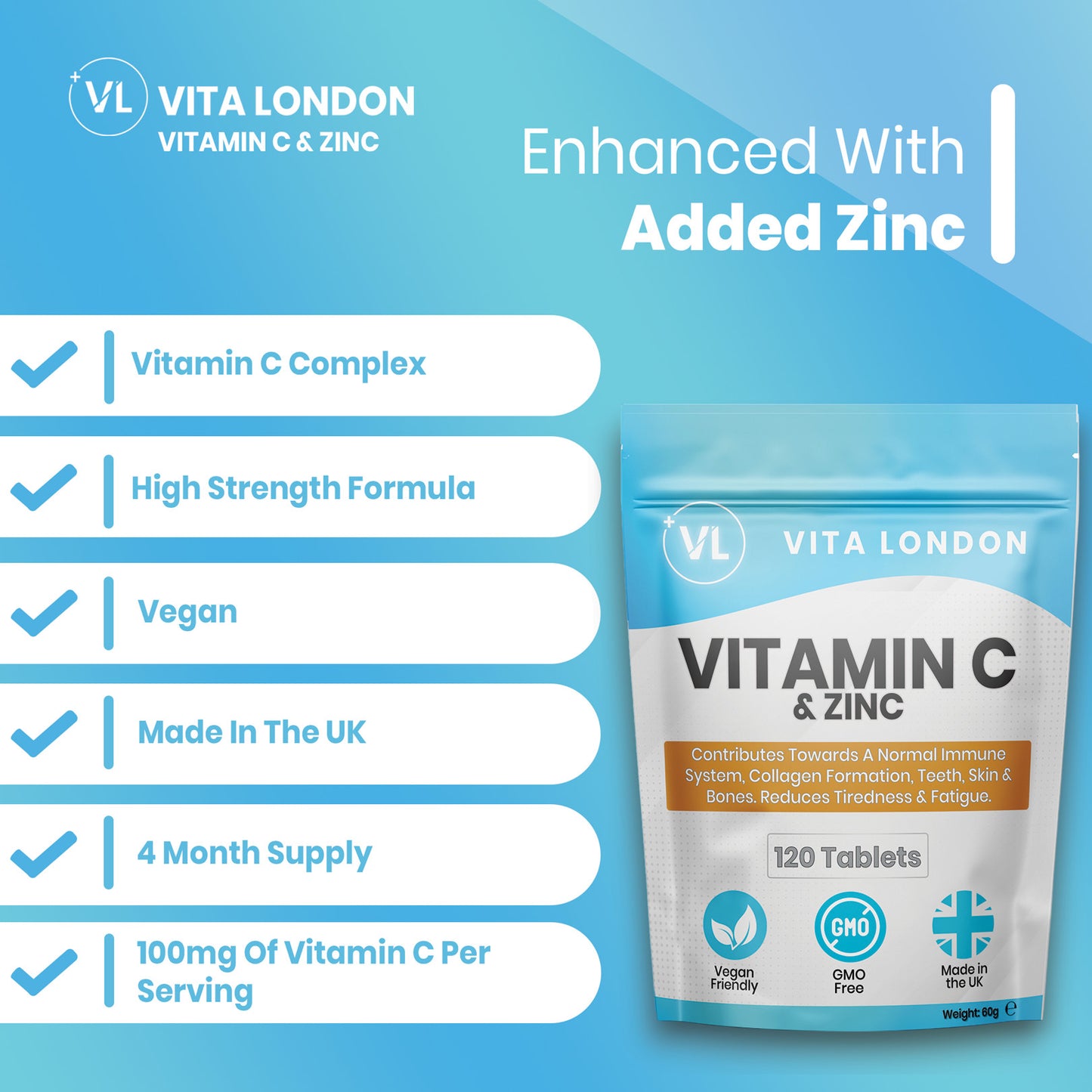 Vitamin C & Zinc Tablets | 120mg - 100mg Vitamin C / 20mg Zinc | Tablets