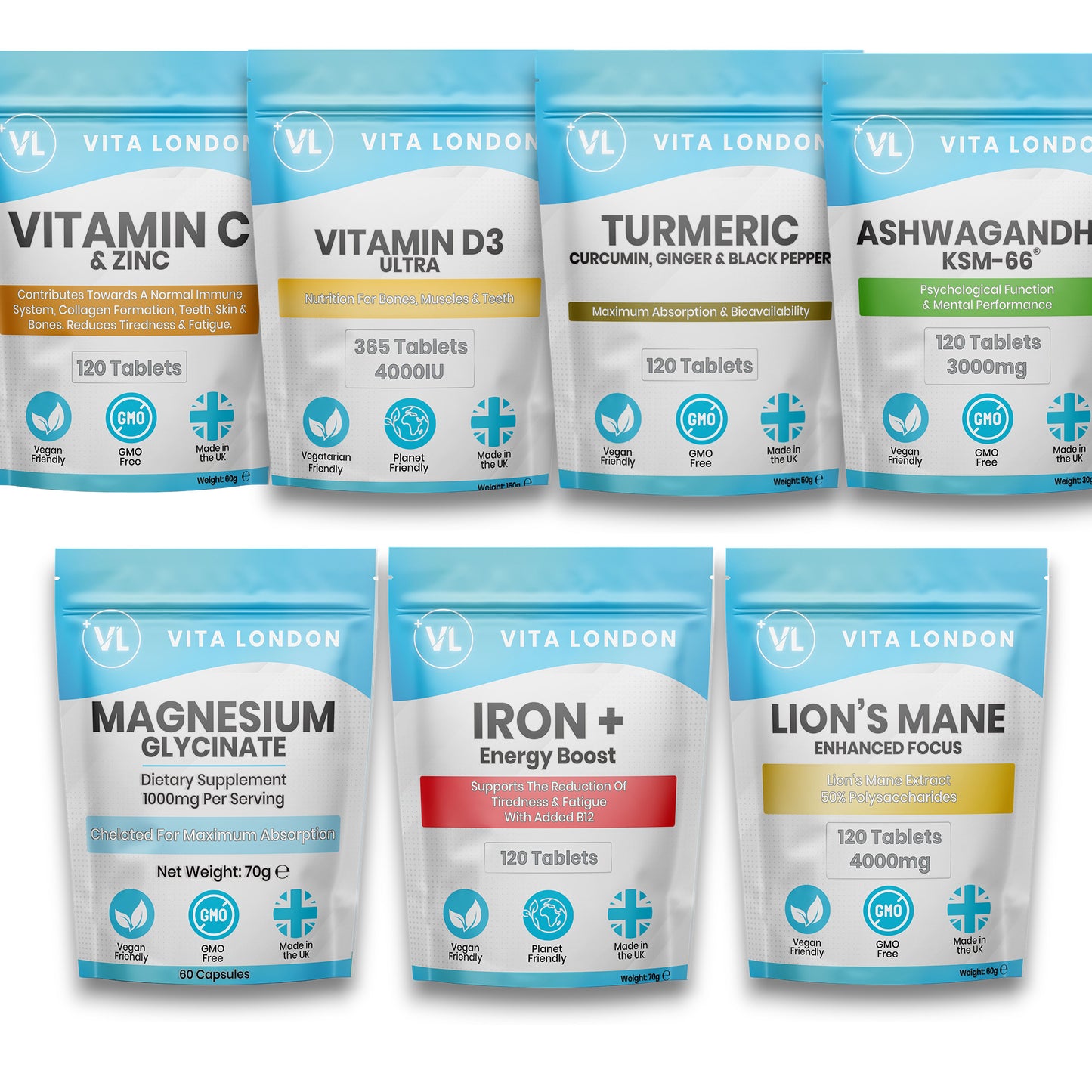 Super 7 Vitamins  Bundle: Complete Wellness with Turmeric, Ashwagandha, Lion’s Mane, Magnesium, Iron, Vitamin C & Vitamin D for Immune Health, Energy, and Stress Relief