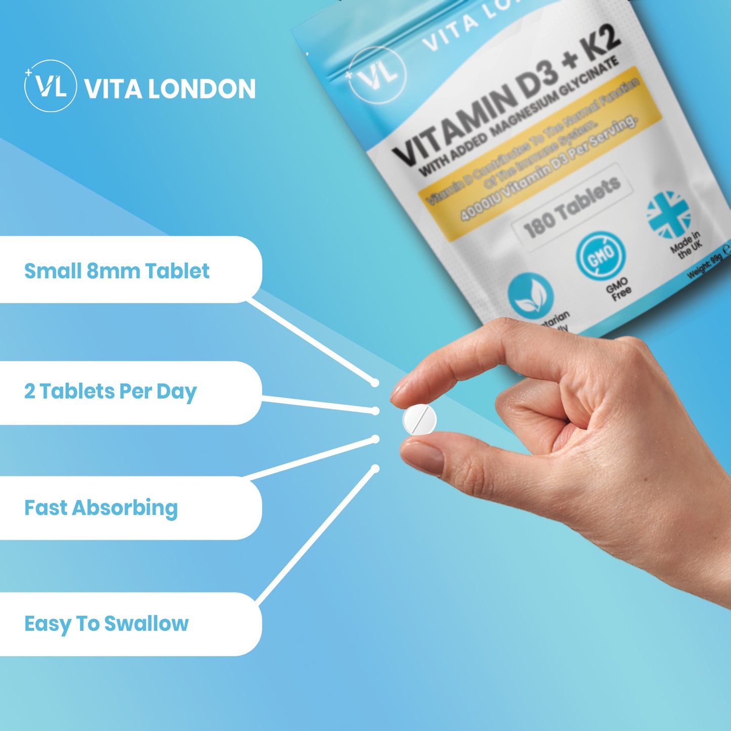 Vitamin D3, K2 & Magnesium Glycinate | 4000IU Per Serving