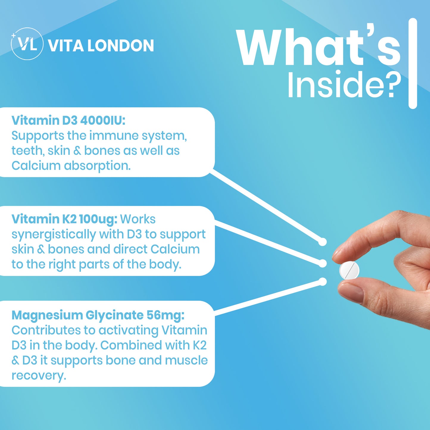 Vitamin D3, K2 & Magnesium Glycinate | 4000IU Per Serving