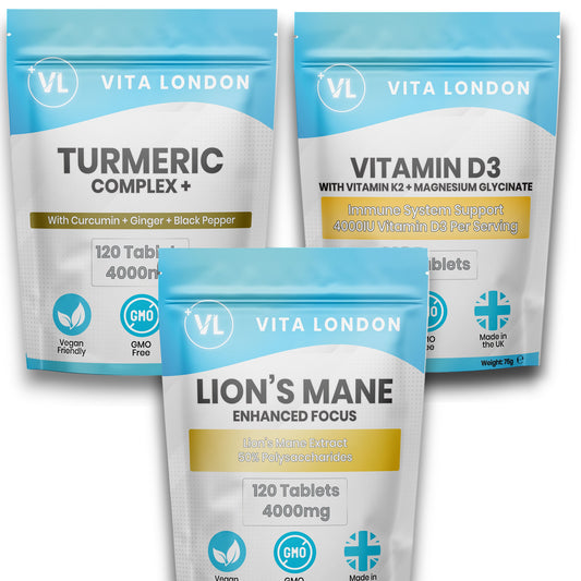 Autumn Bundle – Essential Vitamins for Immunity, Bone Health & Focus: D3 + K2 + Magnesium Glycinate, Lion’s Mane, Turmeric & Ginger Tablets