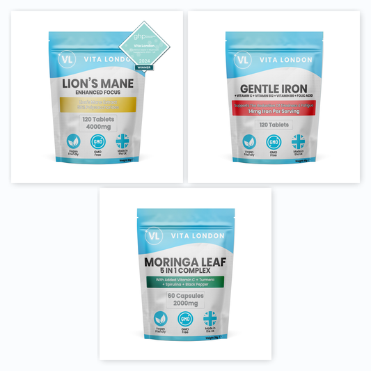 Vita London "Vitality Bundle" composite image — Lion's Mane Enhanced Focus (with GHP Fitness & Nutrition Awards 2024 Excellence Award in Mushroom Supplements winner badge), Gentle Iron (+ Vitamin C + Vitamin B12 + Vitamin B6 + Folic Acid), and Moringa Leaf 5 in 1 Complex product pouches shown individually against a plain white background.
