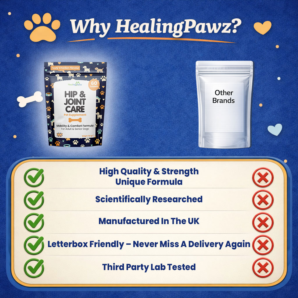 Vita London Healing Pawz Hip & Joint Care Dog Supplement product benefits graphic