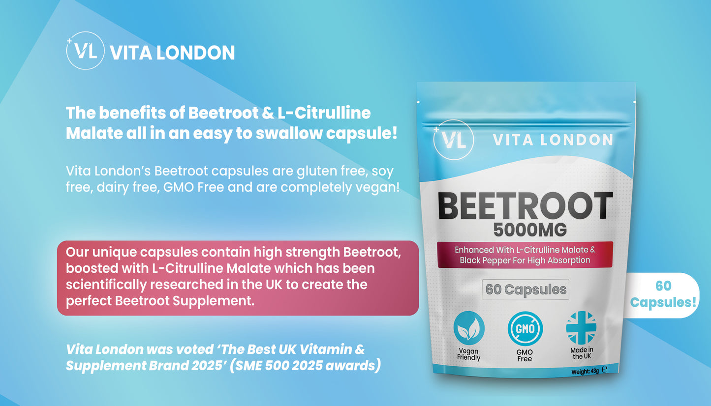 Beetroot 5000mg Capsules (with L-Citrulline Malate + Black Pepper) – 60 Vegan Capsules